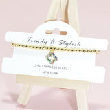 95152, PAVE CLOVER CHARM STAINLESS STEEL BALL BEAD STRETCH BRACELET