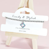 95152, PAVE CLOVER CHARM STAINLESS STEEL BALL BEAD STRETCH BRACELET