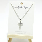 95161, PAVE CROSS CHARM STAINLESS STEEL NECKLACE, RELIGIOUS