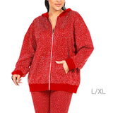 95424, RED WITH SILVER STONE BLING RHINESTONE HOODIE ZIP UP JACKET