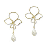 108431, GOLD DIPPED BRASS WIRE FLOWER WITH FRESHWATER PEARL DANGLE EARRING