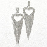 95678, HEART PAVE RHINESTONE FRINGE TASSEL EARRING, VALENTINE'S DAY