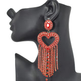 95679, HEART PAVE RHINESTONE FRINGE TASSEL EARRING, VALENTINE'S DAY