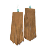 95706, OVERSIZED GENUINE SUEDE LEATHER FRINGE EARRING WITH TURQUOISE STONE