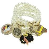 95742, "QUEEN" ENAMEL CHARM MULTI LAYERED STRETCH BRACELET