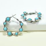 95919, WESTERN ROUND TURQUOISE STONE ACCENT HOOP EARRING
