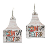 96155, "HOWDY HEIFER" PRINT COW TAG WOOD EARRING