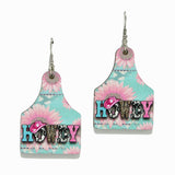 96155, "HOWDY" FLORAL PRINT COW TAG WOOD EARRING