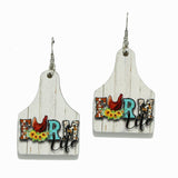 96155, "FARM LIFE" PRINT COW TAG WOOD EARRING