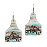 96155, FARM ANIMAL TRUCK PRINT COW TAG WOOD EARRING