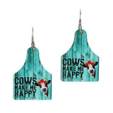 96155, "COWS MAKE ME HAPPY" PRINT COW TAG WOOD EARRING