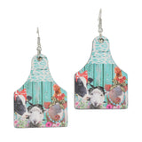 96155, ANIMAL FARM PRINT COW TAG WOOD EARRING
