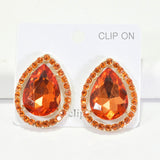 96182, TEARDROP RHINESTONE CLIP ON EARRING, WEDDING, BRIDAL, PROM