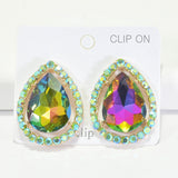 96182, TEARDROP RHINESTONE CLIP ON EARRING, WEDDING, BRIDAL, PROM