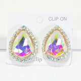 96182, TEARDROP RHINESTONE CLIP ON EARRING, WEDDING, BRIDAL, PROM