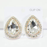 96182, TEARDROP RHINESTONE CLIP ON EARRING, WEDDING, BRIDAL, PROM