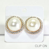 96185, ROUND PEARL WITH RHINESTONE CLIP ON EARRING