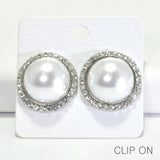96185, ROUND PEARL WITH RHINESTONE CLIP ON EARRING