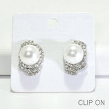 96186, ROUND PEARL WITH RHINESTONE CLIP ON EARRING