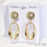96196, 2.5"L, GEOMETRIC TEXTURED METAL CLIP ON EARRING