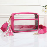 96224, FAUX LEATHER TRIM TRANSPARENT CROSSBODY BAG WITH TASSEL