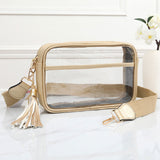 96224, FAUX LEATHER TRIM TRANSPARENT CROSSBODY BAG WITH TASSEL