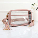 96224, FAUX LEATHER TRIM TRANSPARENT CROSSBODY BAG WITH TASSEL