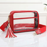96224, FAUX LEATHER TRIM TRANSPARENT CROSSBODY BAG WITH TASSEL