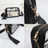 96224, FAUX LEATHER TRIM TRANSPARENT CROSSBODY BAG WITH TASSEL