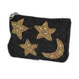 96480, 3.75"X5"STAR AND MOON PRINT SEED BEADED COIN ZIPPER POUCH BAG