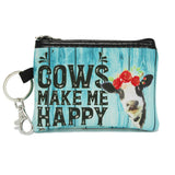 96574, "COWS MAKE ME HAPPY" COW PRINT NYLON COIN POUCH KEYCHAIN