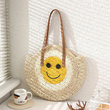96633, SMILE HAPPY FACE CIRCLE STRAW TOTE BAG