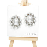 96916, OVAL PEARL WITH RHINESTONE CLIP ON EARRING