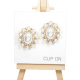 96916, OVAL PEARL WITH RHINESTONE CLIP ON EARRING