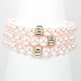 96922, BAGUETTE RHINESTONE ACCENT PEARL STRETCH BRACELET SET