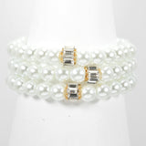 96922, BAGUETTE RHINESTONE ACCENT PEARL STRETCH BRACELET SET