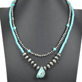 96928, TURQUOISE STONE WITH NAVAJO BEADED DOUBLE LAYERED NECKLACE