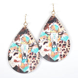 97010, WESTERN STEER HEAD TEARDROP FAUX LEATHER EARRING