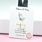 97099, GOLD DIPPED, "BELIEVE & PRAY" CROSS CUFF ADJUSTABLE RING
