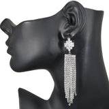 97155, BAGUETTE CUBIC ZIRCONIA ACCENT PAVE RHINESTONE FRINGE DANGLE EARRING