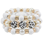 97759, LEOPARD PRINT WOODEN BALL MULTI LAYERED STRETCH BRACELET
