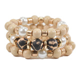 97759, LEOPARD PRINT WOODEN BALL MULTI LAYERED STRETCH BRACELET