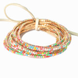 97761, GOLD PLAITING WITH MULTI TONES PAVE RHINESTONE MULTI LAYERED STRETCH BRACELET SET