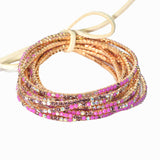 97761, GOLD PLAITING WITH PINK TONES PAVE RHINESTONE MULTI LAYERED STRETCH BRACELET SET