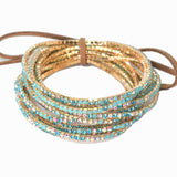 97761, GOLD PLAITING  WITH BLUE TONES PAVE RHINESTONE MULTI LAYERED STRETCH BRACELET SET