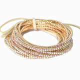 97761, GOLD PLAITING WITH MULTI TONES PAVE RHINESTONE MULTI LAYERED STRETCH BRACELET SET