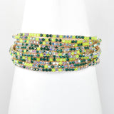 97761, GOLD PLAITING WITH MULTI TONES PAVE RHINESTONE MULTI LAYERED STRETCH BRACELET SET