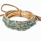97761, GOLD PLAITING  WITH BLUE TONES PAVE RHINESTONE MULTI LAYERED STRETCH BRACELET SET