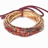 97761, GOLD PLAITING WITH MULTI TONES PAVE RHINESTONE MULTI LAYERED STRETCH BRACELET SET