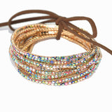 97761, GOLD PLAITING WITH MULTI TONES PAVE RHINESTONE MULTI LAYERED STRETCH BRACELET SET